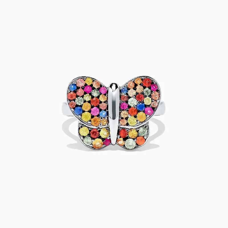 Gold Wedding Rings With Aquamarine Stones-925 Sterling Silver Multi Sapphire Splash Butterfly Ring, 1.29 TCW