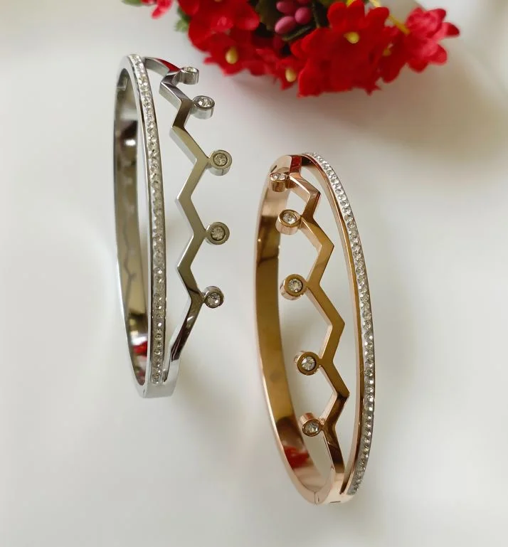 Wooden Bangles For Eco-Friendly Fashion-Tarohi Jewels Stainless Steel Rosegold/Silver Plated Crown Design Kada- STKD 2670