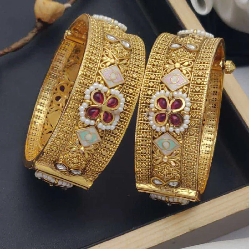 Large Gold Bangles For Bold Fashion-Akruti Collection Gold Plated Pota Stone And Meenakari Openable Bangles Set