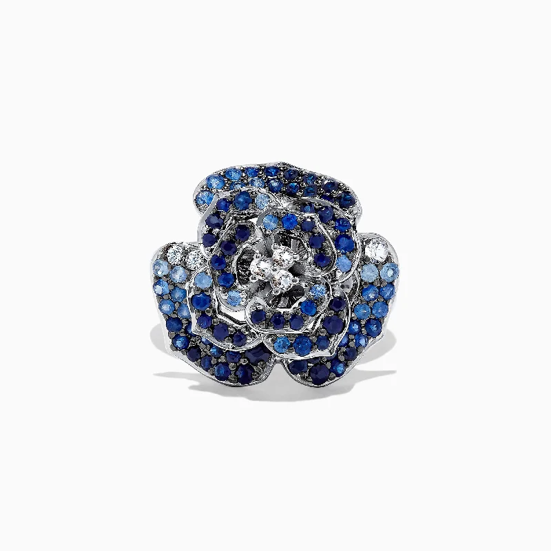 Women's Wedding Bands With Unique Gemstones-925 Sterling Silver Blue & White Sapphire Splash Flower Ring, 1.70 TCW