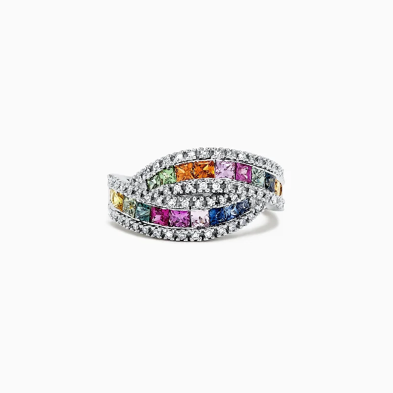 Custom Rings With Engagement Stones-Watercolors 14K White Gold Multi Sapphire and Diamond Ring, 1.95 TCW