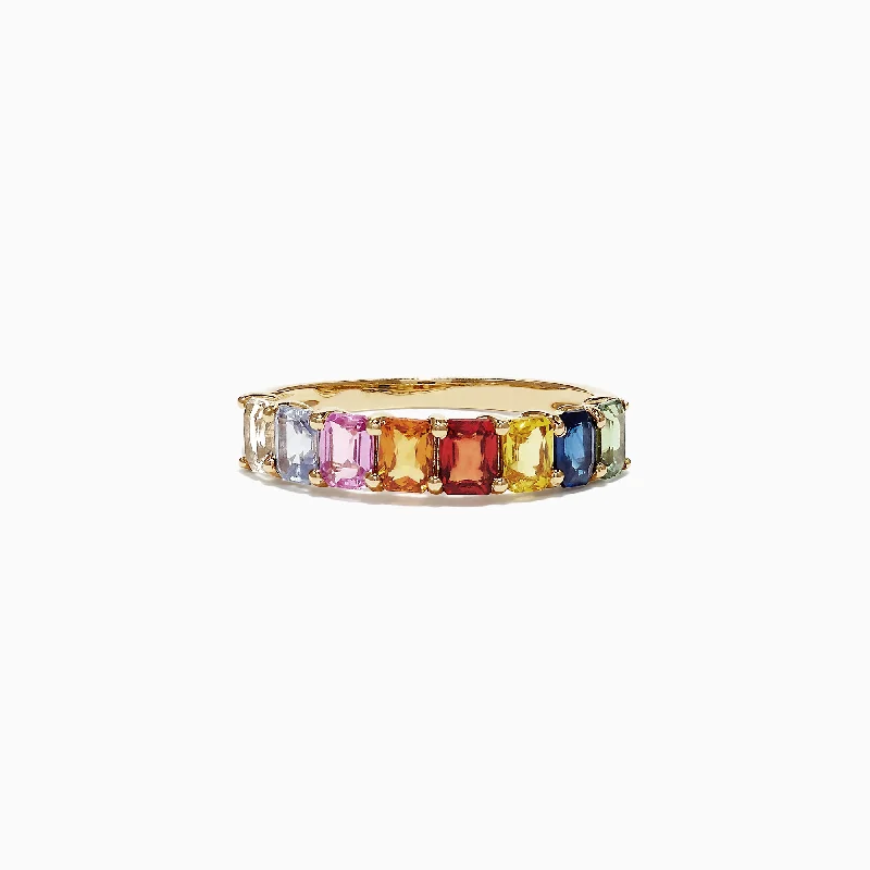 Custom Wedding Bands With Engraving-Watercolors 14K Yellow Gold Multi-Sapphire Band Ring, 2.06 TCW