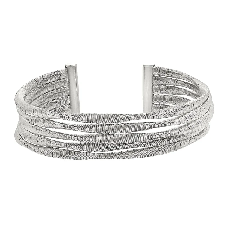 Elegant Crystal Tennis Bracelets-Rhodium Finish Sterling Silver Loosely Twisted Five Cable Cuff Bracelet