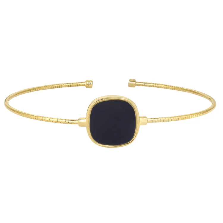 Adjustable Silver Charm Bracelets-Gold Finish Sterling Silver Rounded Omega Cable Cuff Bracelet with a Cushion Cut Black Murano Glass Stone