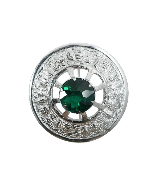 Brooch for Wedding Dress-Miniature Thistle Design and Green Stone Brooch - Chrome Finish