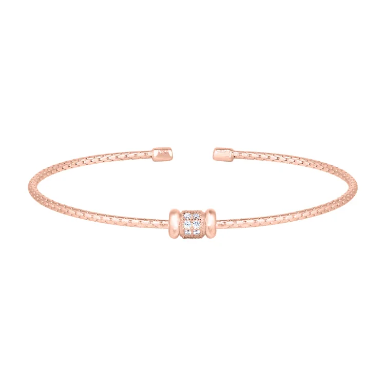 Personalised Charm Bracelets-Rose Gold Finish Sterling Silver Corean Cable Cuff Bracelet with a Barrell with Simulated Diamonds