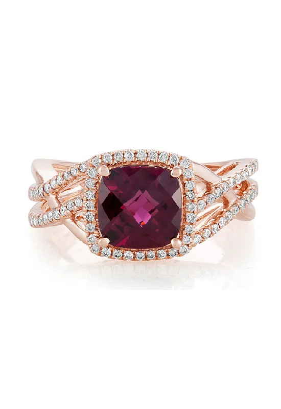 Custom Engagement Rings For Women With Sapphires-Bordeaux 14K Rose Gold Rhodolite Garnet and Diamond Ring, 3.31 TCW