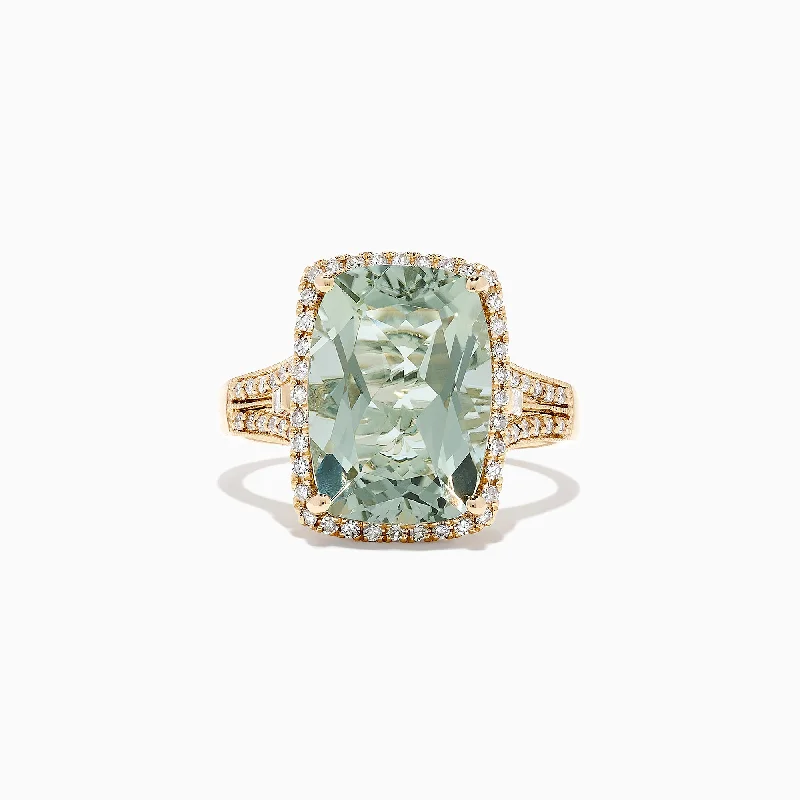 Custom Engagement Rings For Him-14K Yellow Gold Green Amethyst and Diamond Cocktail Ring, 7.34 TCW