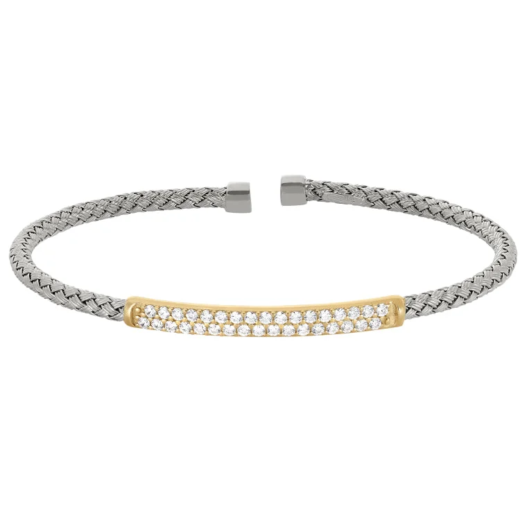 Personalized Charm Bracelets-Rhodium Finish Sterling Silver Basketweave Cuff Bracelet with Gold Finish Simulated Diamonds