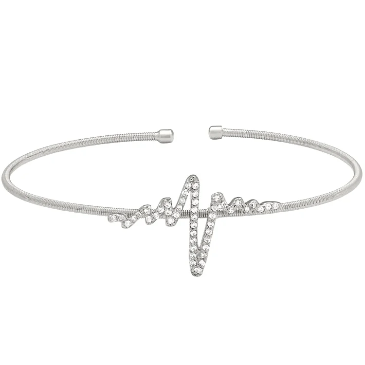 Trendy Rose Gold Bracelets-Rhodium Finish Sterling Silver Cable Cuff Heartbeat Bracelet with Simulated Diamonds