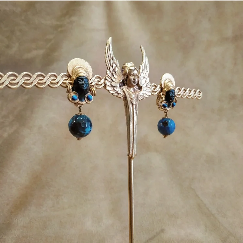 Long Silver Necklaces For Trendy Looks -Simple Pearl Earrings-Askew London Vintage Blackamoor blue drop Earrings