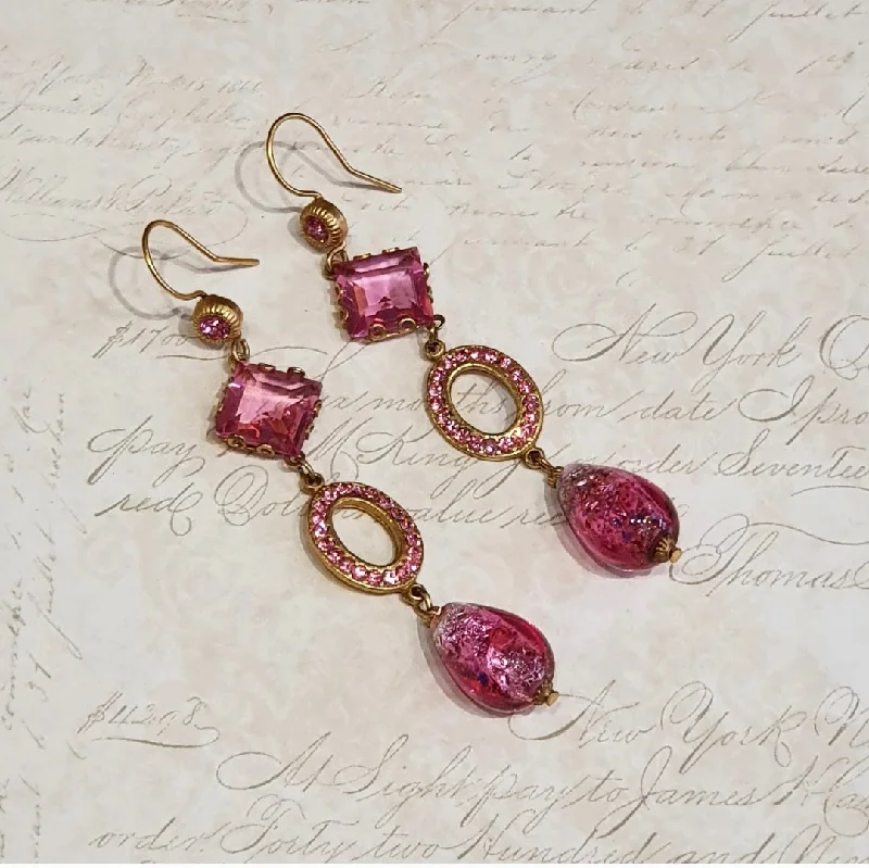 Luxury Necklaces For Special Events -Large Earrings-Askew London Pink Glass Drop Earrings Crystal Stone Gold Plated