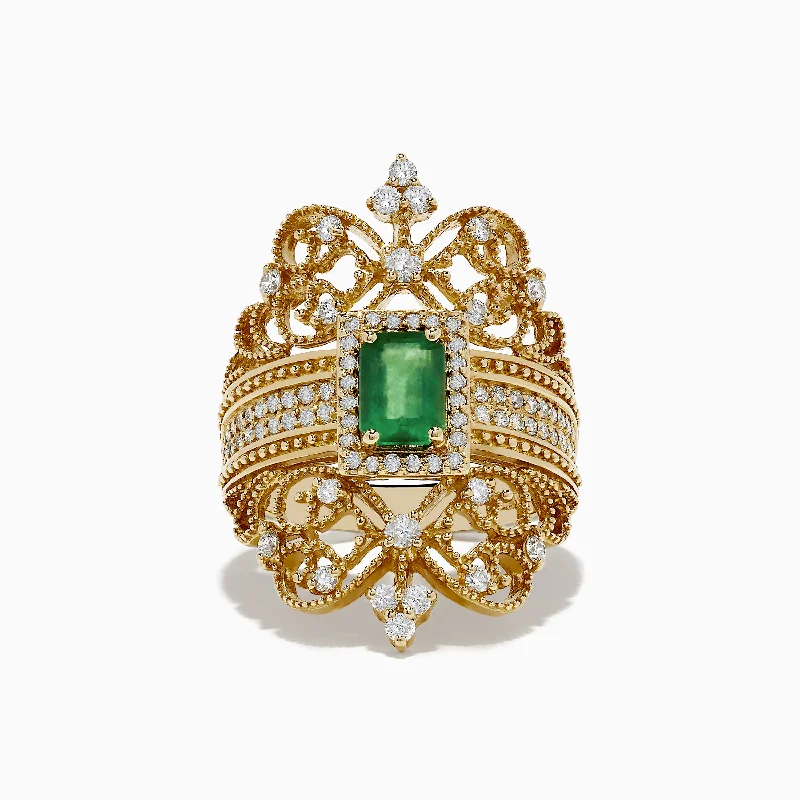 Custom Wedding Bands With Colored Stones-Brasilica 14K Yellow Gold Emerald and Diamond Ring, 1.68 TCW