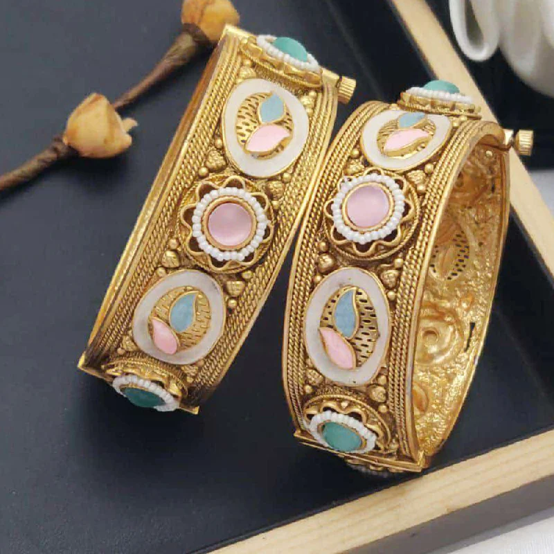 Trendy Diamond Bangles For Fashion Enthusiasts-Akruti Collection Gold Plated Pota Stone And Meenakari Openable Bangles Set