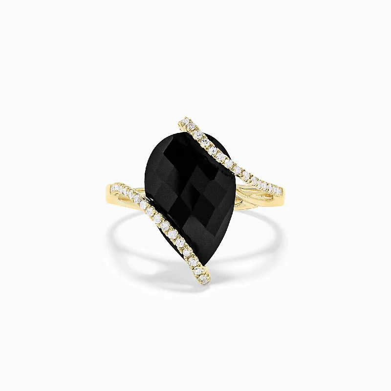 Classic Diamond Engagement Rings For Men-Eclipse 14K Yellow Gold Onyx and Diamond Teardrop Ring, 6.49 TCW