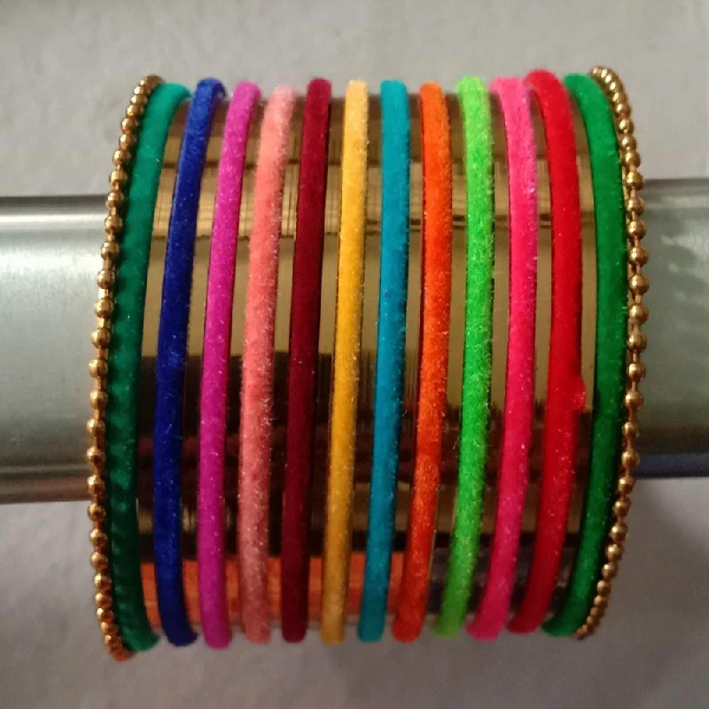 Textured Bangles For Artistic Touch-Shree Asha Bangles Pack Of 12 Velvet & Metal Multi Color bangles Set