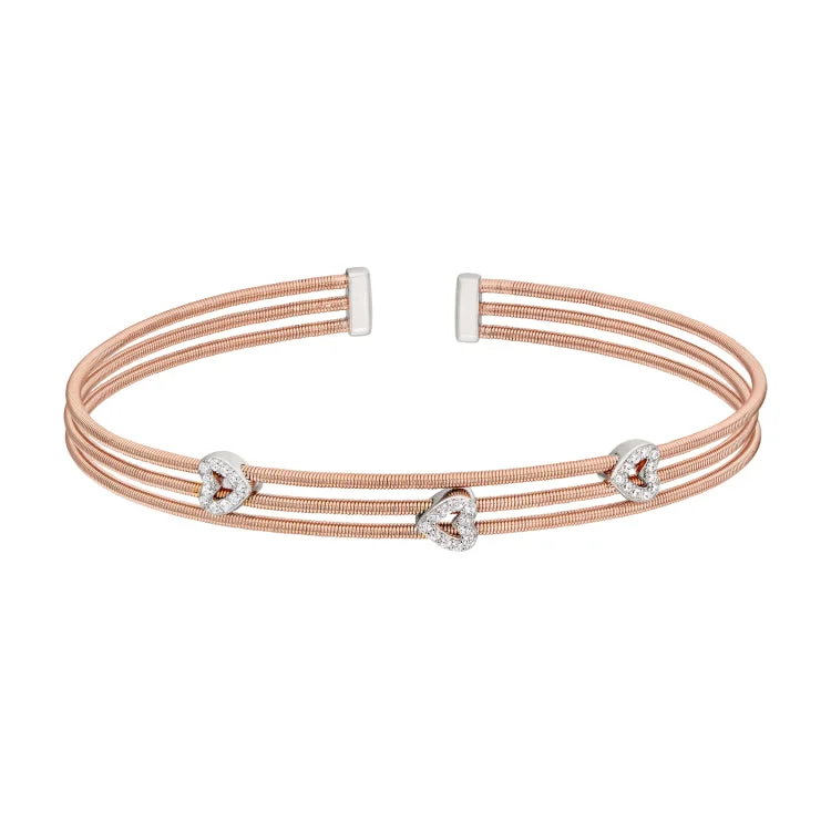 Bangles Bracelets With Charm-Rose Gold Finish Sterling Silver Three Cable Cuff Bracelet with Rhodium Finish Simulated Diamond Open Hearts