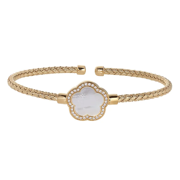 Unique Fashion Bracelets For Women-Gold Finish Sterling Silver Basketweave Cable Cuff  Bracelet with a Flower Shaped MOP Stone and Simulated Diamonds