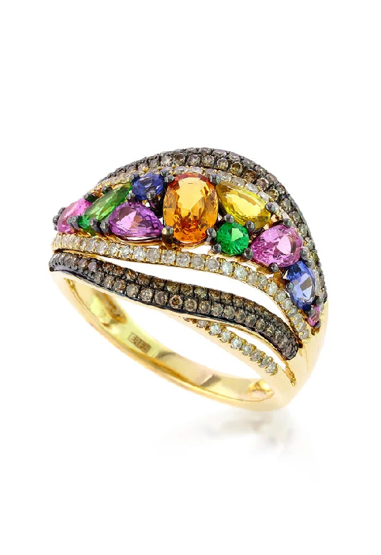 Affordable Wedding Rings With Rubies-Watercolors 14K Yellow Gold Multi Sapphire and Diamond Ring