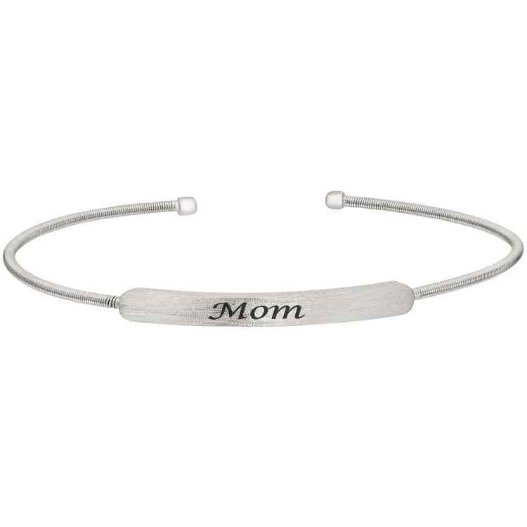 Simple Gold Cuff Bracelets-Rhodium Finish Sterling Silver Cable Cuff Bracelet with Name Plate - MOM