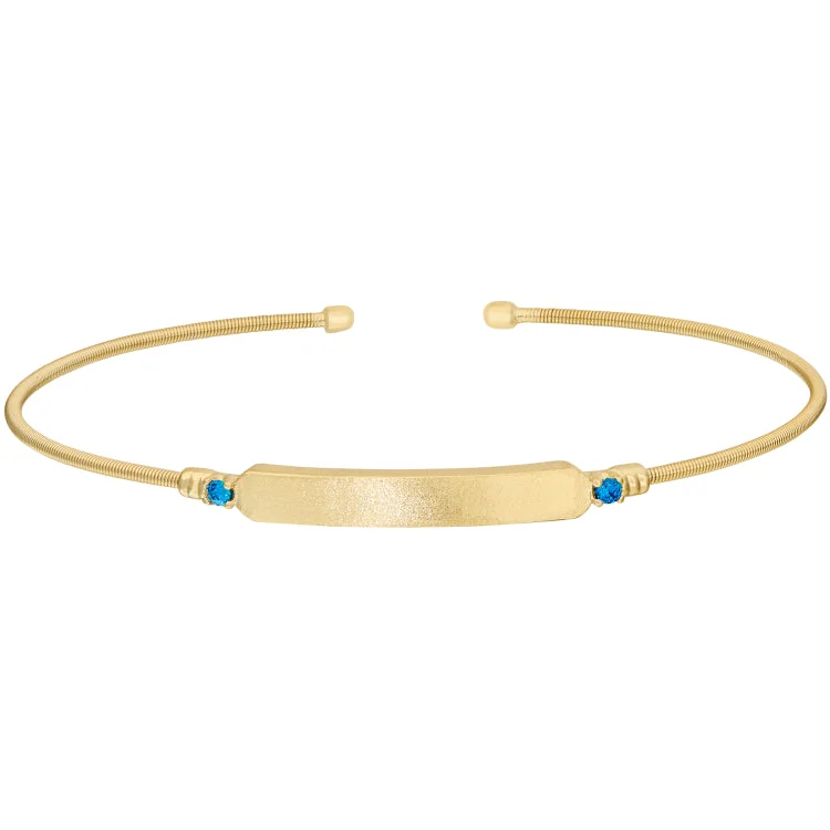 Soft Cord Bracelets For Women-Gold Finish Sterling Silver Cable Cuff Bracelet with Name Plate and Simulated Blue Zircon Birth Gems - December