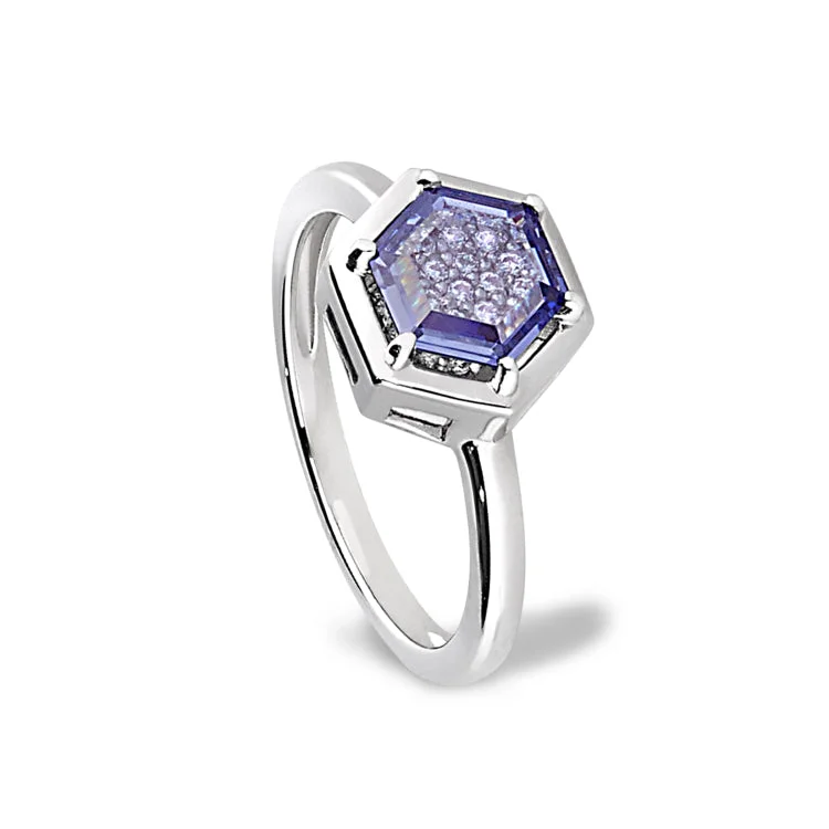 Custom Wedding Rings For Her With Rubies-Platinum Finish Sterling Silver Flat Hexagon Synthetic Tanzanite Ring with Simulated Diamonds - Size 7