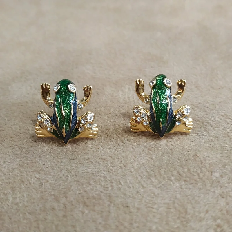 Birthstone Necklaces For Gifts -Diamond Stud Earrings-Vintage small green frog studs