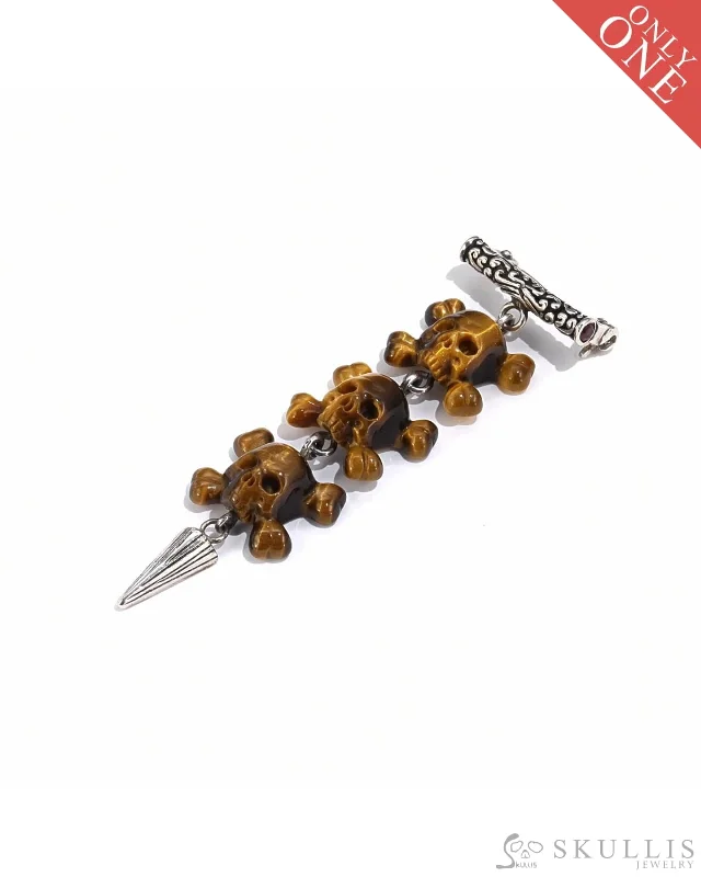 Elegant Brooch-Gem Skull Brooch of Gold Tiger's Eye Carved Skulls, 925 Sterling Silver - 9800075