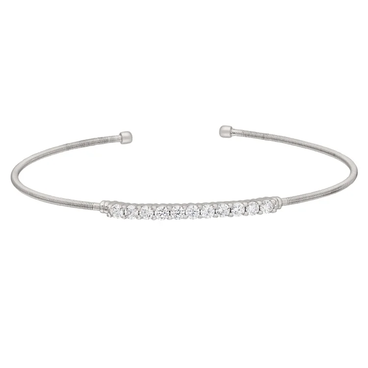 Customized Gemstone Bracelets-Rhodium Finish Sterling Silver Cable Cuff Bracelet with Simulated Diamonds