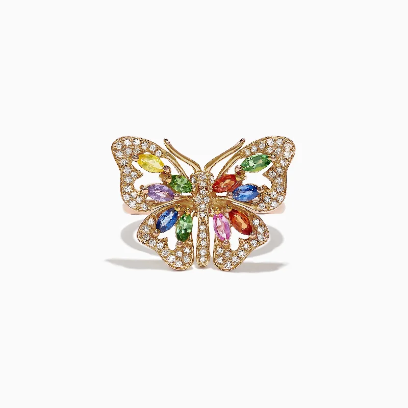 Custom Engagement Rings With Colored Gemstones-Watercolors 14K Gold Multi Sapphire Diamond Butterfly Ring, 2.62 TCW