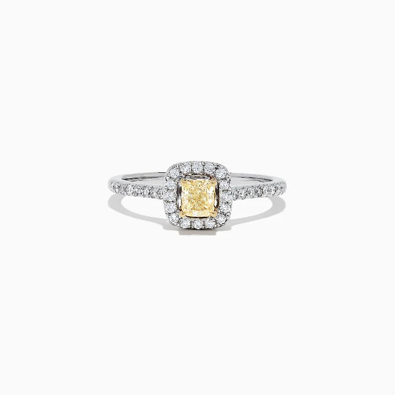 Simple Diamond Wedding Bands-Canare 18K Two-Tone Gold Cushion Halo Yellow Diamond Ring, 0.61 TCW