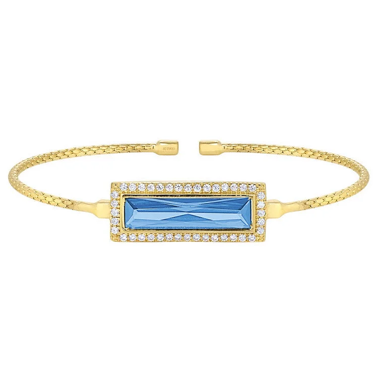 Inspirational Leather Bracelets-Gold Finish Sterling Silver Cable Cuff Bracelet with Rectangular Simulated Blue Topaz Stone and Simulated Diamonds