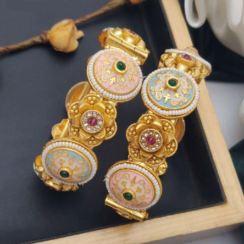 Black Enamel Bangles For Elegant Designs-Akruti Collection Gold Plated Pota Stone And Meenakari Openable Bangles Set