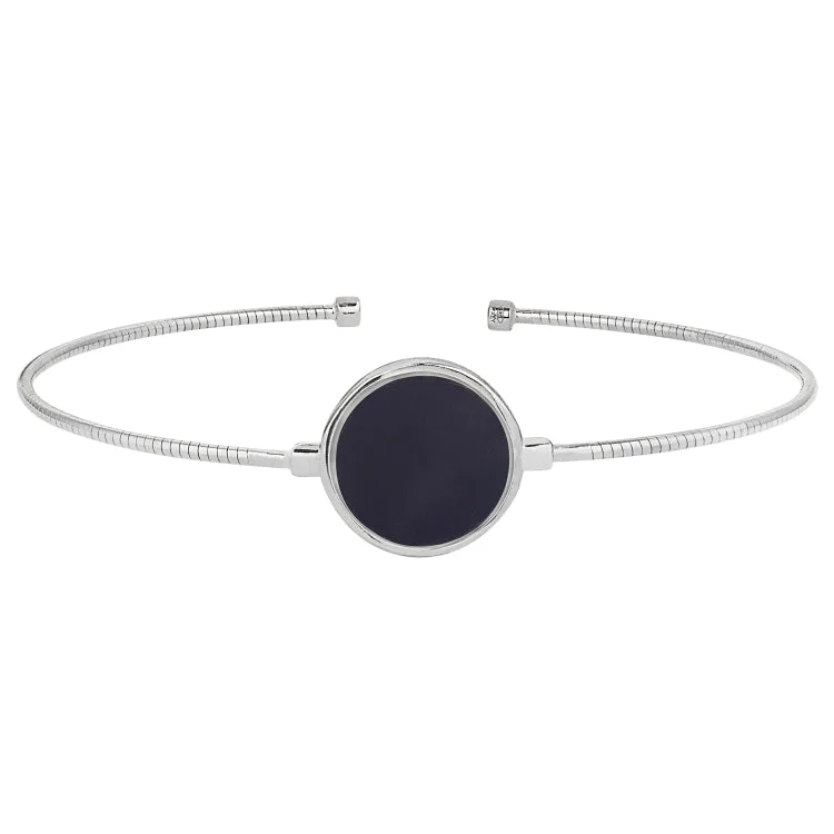 Women’s Luxury Cuff Bracelets-Rhodium Finish Sterling Silver Rounded Omega Cable Cuff Bracelet with a Round Black Murano Stone