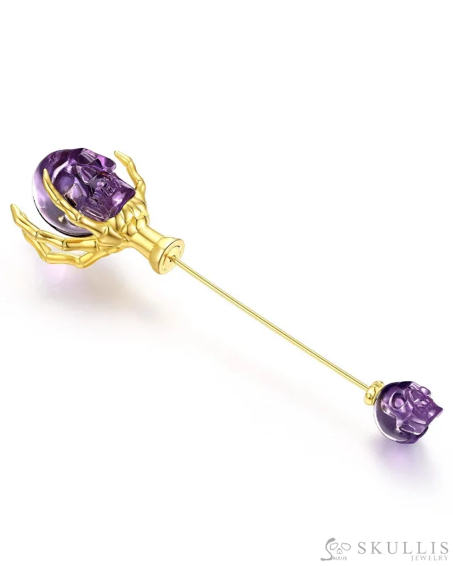 Designer Brooch-Gem Skull Brooch of Amethyst Carved Skull with Skeleton Hand in 18K Gold-Plated 925 Sterling Silver