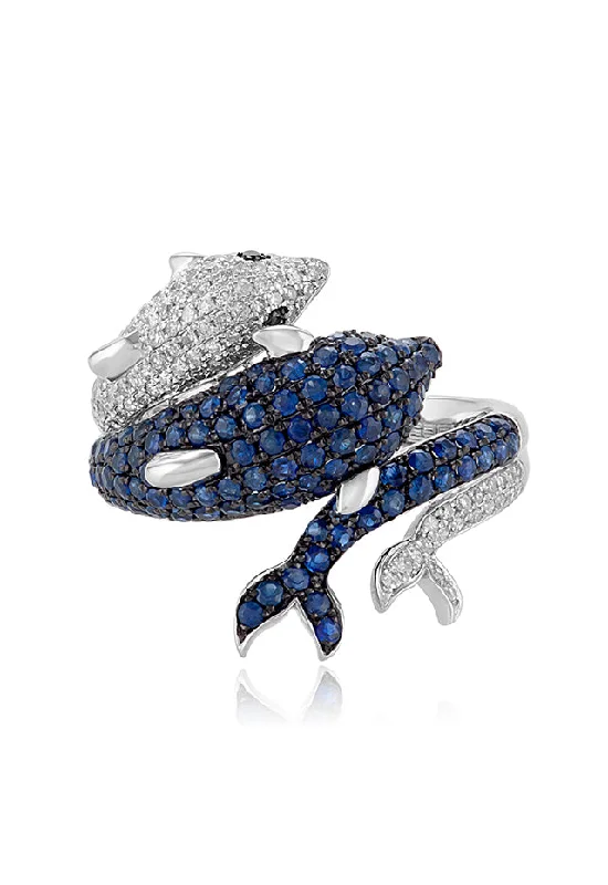 Custom Rings For Engagement With Diamonds-Seaside 14K White Gold Blue Sapphire & Diamond Dolphin Ring, 1.39 TCW