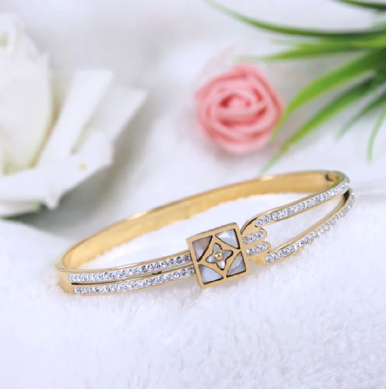 Hinged Bangles For Easy Wear-Tarohi Jewels Stainless Steel Gold Plated square Shaped Clover Design Kada- STKD 3785