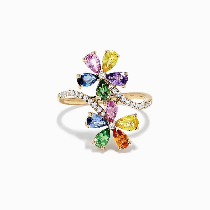 Affordable Custom Wedding Rings-Watercolors 14K Gold Multi Sapphire and Diamond Floral Ring, 3.03 TCW