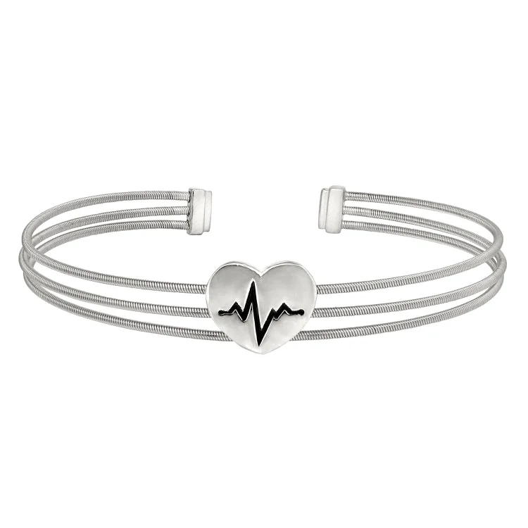 Stainless Steel Beaded Bracelets-Rhodium Finish Sterling Silver Three Cable Cuff Bracelet with a Polished Heart with a Heartbeat Design.