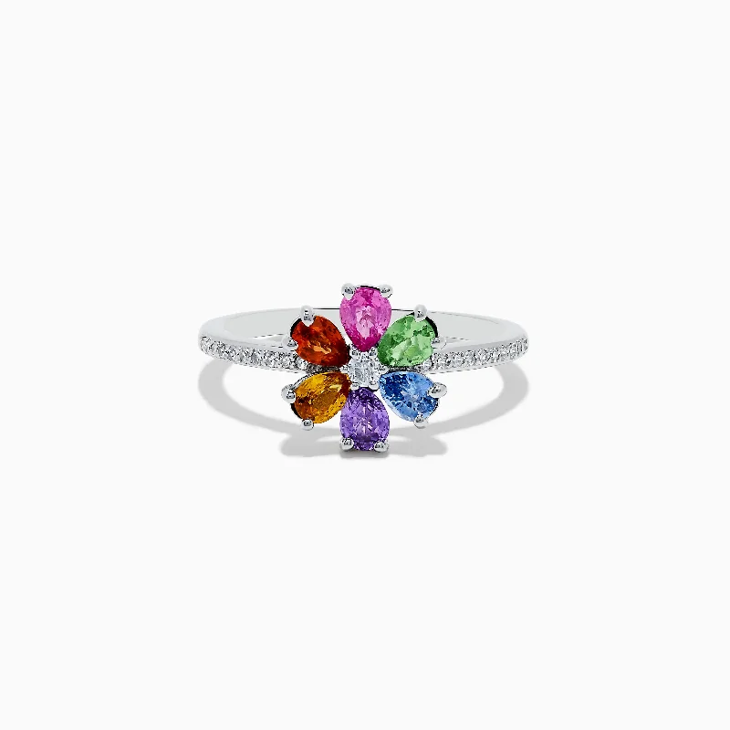 Simple Engagement Rings For Women With Diamonds-Watercolors 14K White Gold Diamond and Multi Sapphire Flower Ring