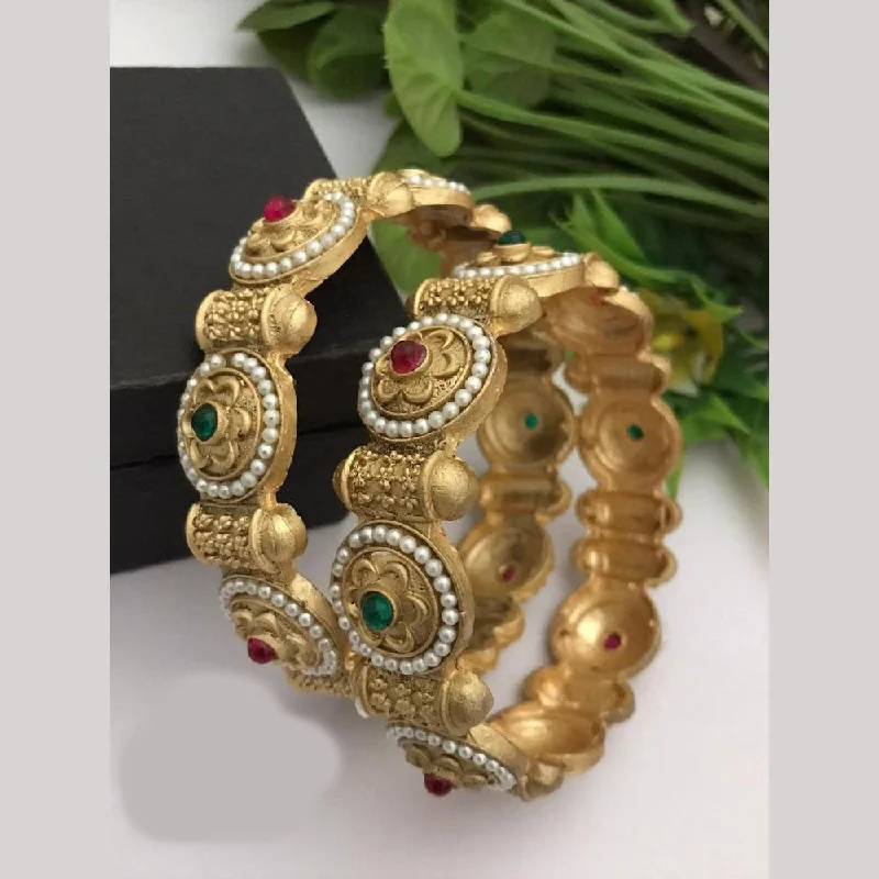 Antique Style Bangles For Vintage Lovers-FS Collections Gold Plated Pota Stone And Pearls Bangles Set