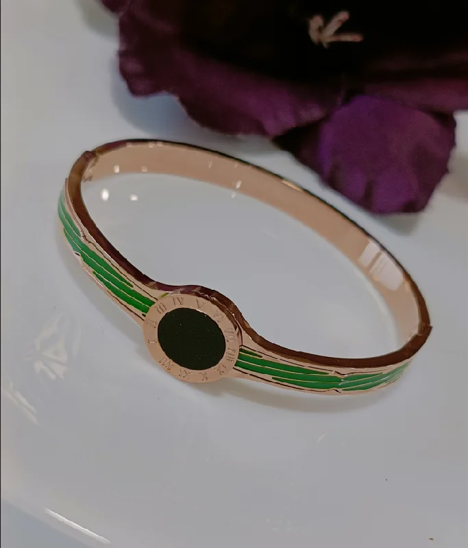 Custom Engraved Bangles For Personal Gifts-Tarohi Jewels Stainless Steel Rosegold Plated Roman Numerals Green Coloured Kada- STKD 3054