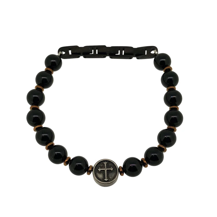 Friendship Bracelets For Adults-Black Beaded Stone Bracelet With Stainless Steel Cross