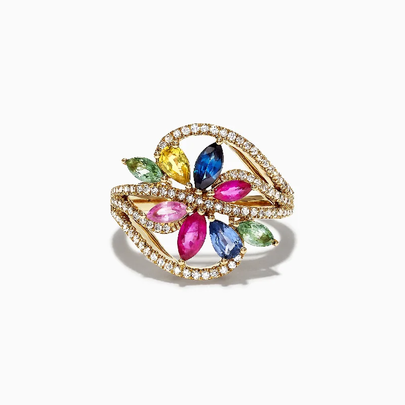 Designer Promise Rings-Watercolors 14K Yellow Gold Multi Sapphire & Diamond Ring, 2.15 TCW