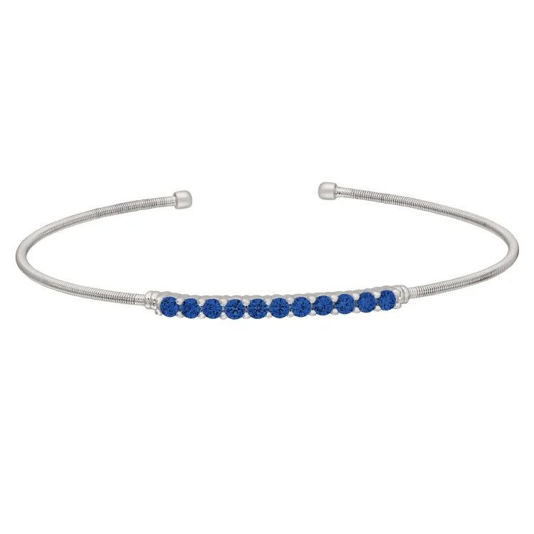 Simple Bangles Bracelets-Rhodium Finish Sterling Silver Cable Cuff Bracelet with Simulated Sapphires