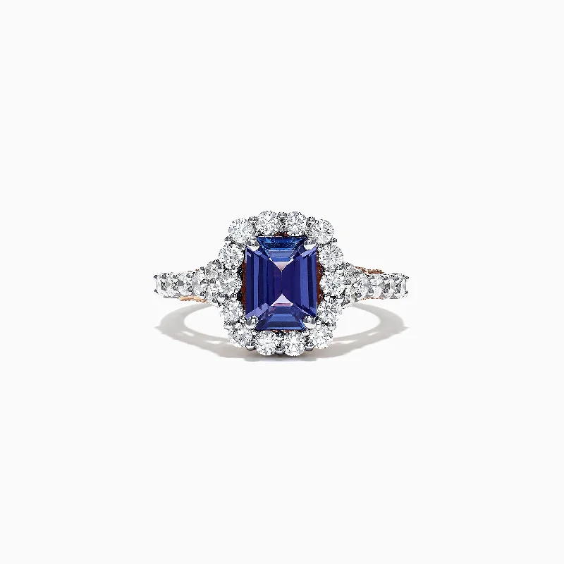 Unique Wedding Rings For Brides With Diamonds-Nahla Siri 14K Two Tone Gold Emerald Cut Tanzanite and Diamond Ring, 2.32 TCW