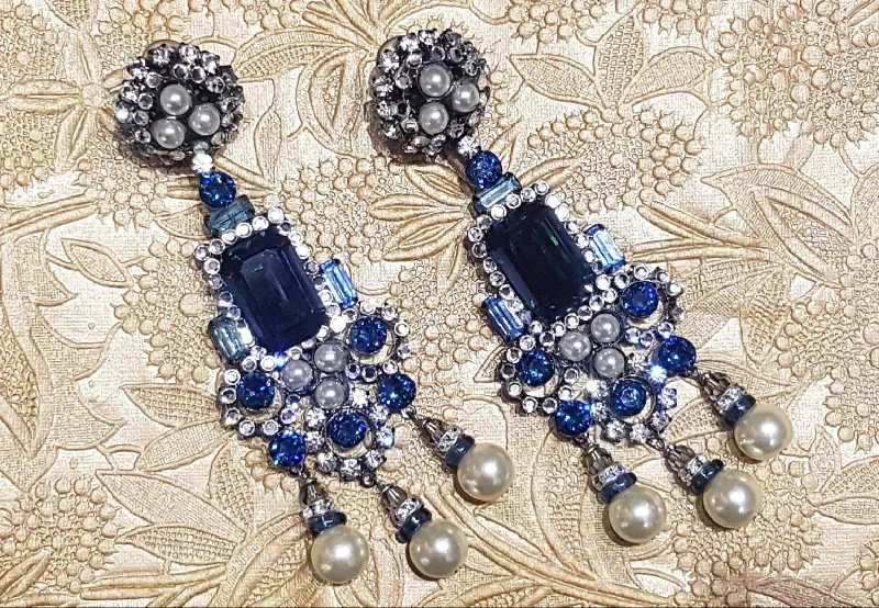 Vintage Crystal Necklaces For Glamour -Rose Gold Dangle Earrings-Larry Vrba Earrings Clip On Chandelier Sapphire Blue Pearl Silver Signed