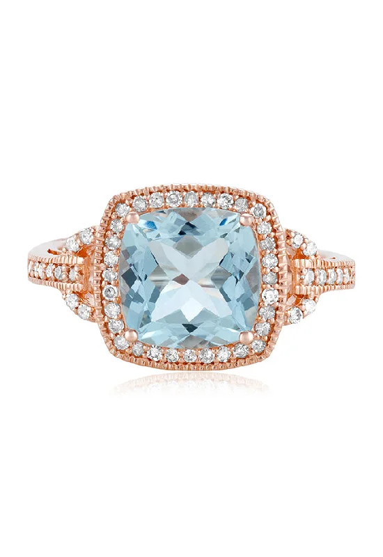 Custom Promise Rings With Engravings-Aquarius 14K Rose Gold Aquamarine and Diamond Ring, 3.10 TCW