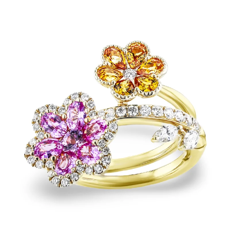 Diamond Wedding Bands With Engravings-JULEVE 14KT YELLOW GOLD 2.32CT COLORED SAPPHIRE & 0.68CTW DIAMOND FLOWER RING