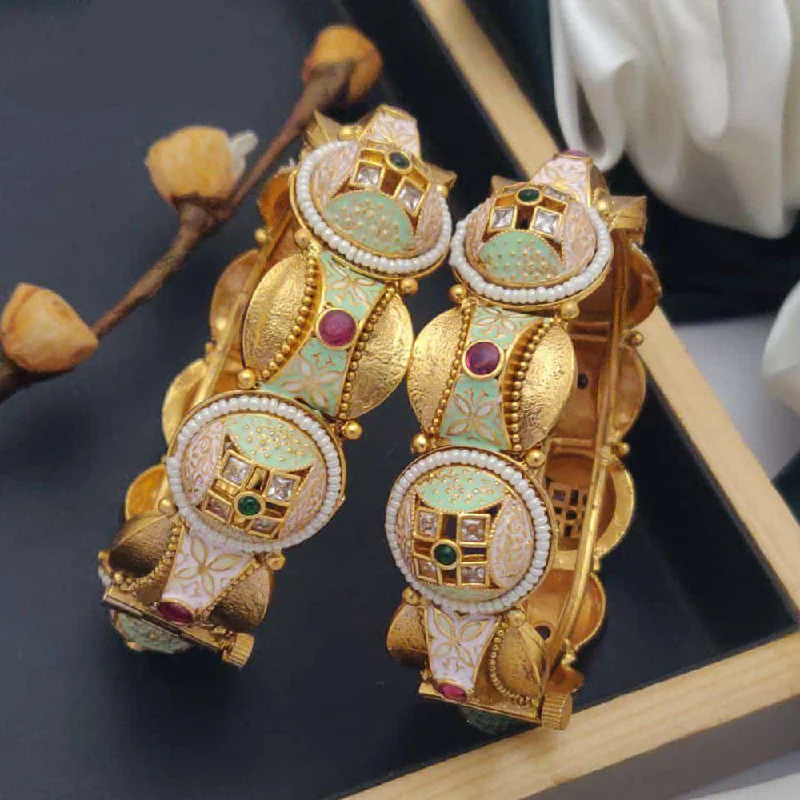 Rustic Copper Bangles For Trendy Fashion-Akruti Collection Gold Plated Pota Stone And Meenakari Openable Bangles Set